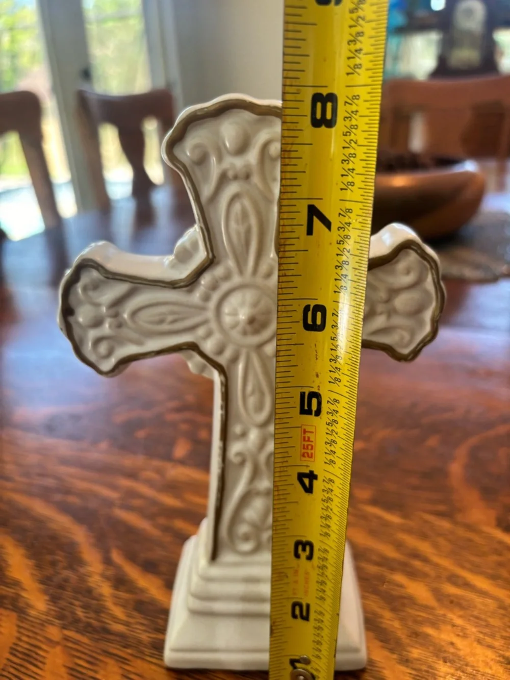 Decorative Ceramic Cross Figurine in Cream with Gold Trim